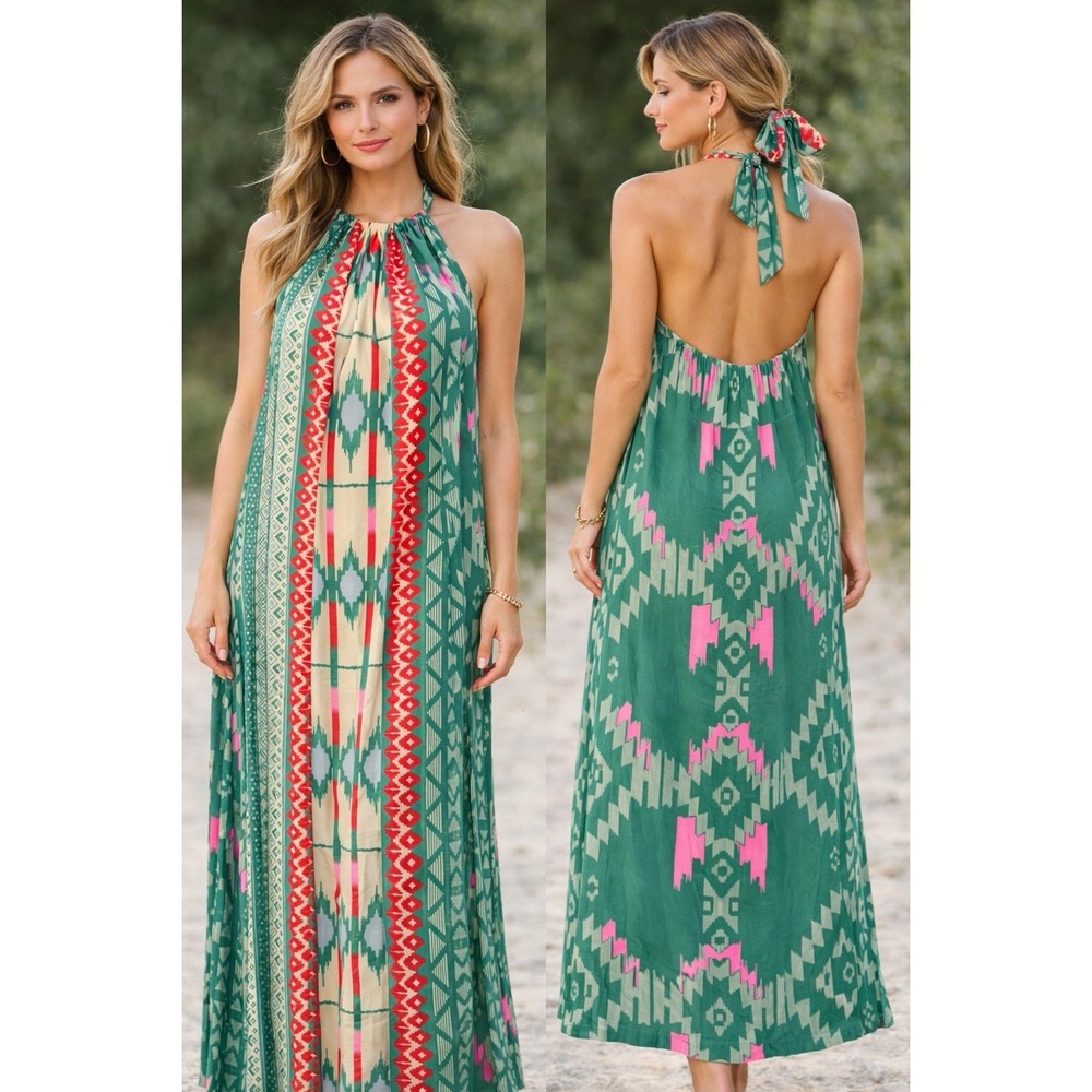 ELAN Maxi Halter Dress M Boho Tribal Aztec Print Green Pink Open Back Resort